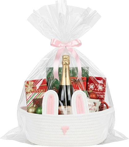ShellKingdom Storage Basket with Handles, Empty Cute Rabbit Gift Basket with Gift Bags and Ribbon, Small Woven Baskets for Home, Nursery Organizer, 12 X 8 X 5 INCH, Easter White Pink