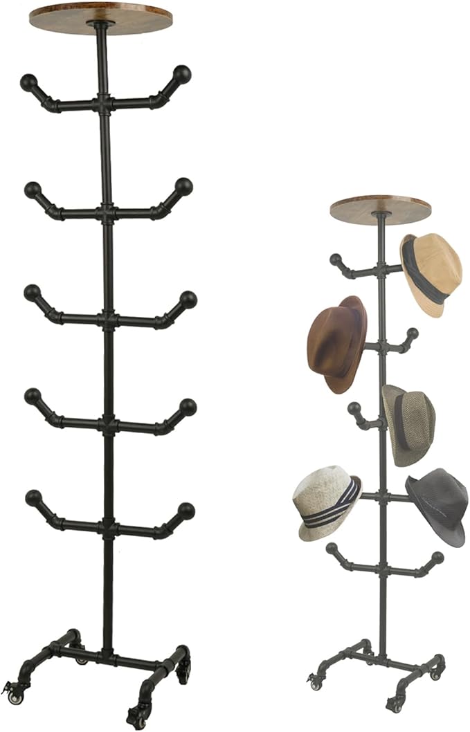 uyoyous Industrial Standing Hat Rack, Heavy Duty Metal Pipe Hat Display Stand with Wheels, Freestanding Rolling Hat Organizer Tree for Cowboy Hats & Caps, 10 Hanger Hooks for Bedroom Entryway