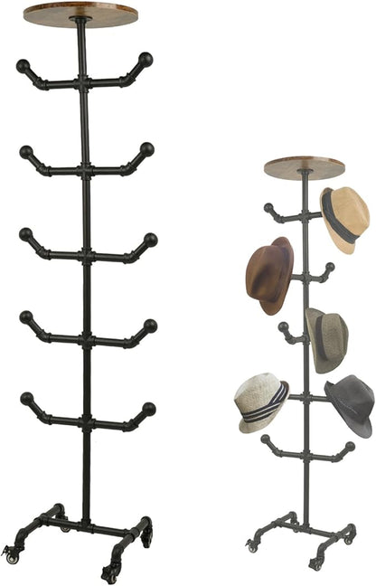 uyoyous Industrial Standing Hat Rack, Heavy Duty Metal Pipe Hat Display Stand with Wheels, Freestanding Rolling Hat Organizer Tree for Cowboy Hats & Caps, 10 Hanger Hooks for Bedroom Entryway