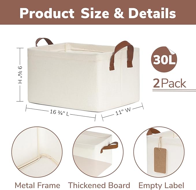 CHICVITA 2-Pack Large Storage Baskets for Shelves, Fabric Storage Bins with Metal Frame, Closet Organizers and Storage Boxes for Clothes Toy, Beige