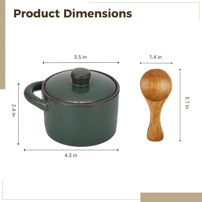 ZALIR Ceramic Salt Cellar with Lid and Wooden Spoon, Rough Pottery Seasoning Pot, 4.3 x 3.5 x 2.4 in Kitchen Jar, Rustic Spice Bowl for Sugar, Salt, Spices