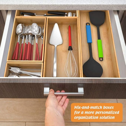 Bamboo Kitchen Drawer Organizer, Wooden Storage Box for Utensil Organizer Silverware Tray Cutlery Holder Flatware Containers - Multi-Use Deep Drawer Dividers Organizer for Bathroom, Jewelry (9"6"2.5")