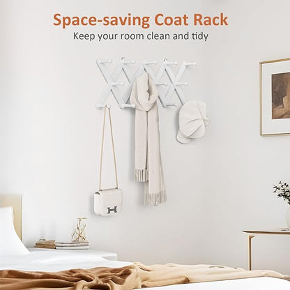 Accordion Wall Hanger, Hat Rack for Wall with 14 Coat Hooks, Expandable Hat Hangers Organizer, Vintage Decorative Coat Rack Wall Mount for Purse, Mug (White)