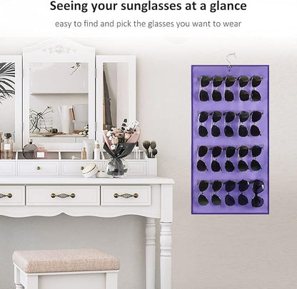 Dual Sided Hanging Sunglasses Organizer Wall Mounted Glasses Rack Storage Eyeglasses Holder Eyewear Display Case with 40 Slots (40 Slots-Purple)