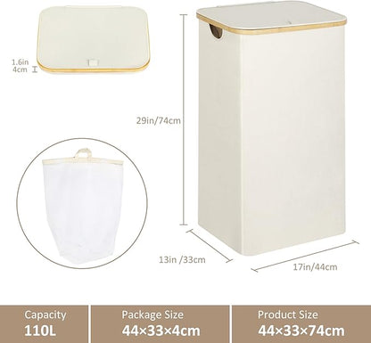 iEGrow Laundry Basket with Lid, 110L Large Laundry Hamper with Handle and Lid, Collapsible Clothes Basket Organizer with Removable Inner Bag for Clothes Toys Towels - Beige