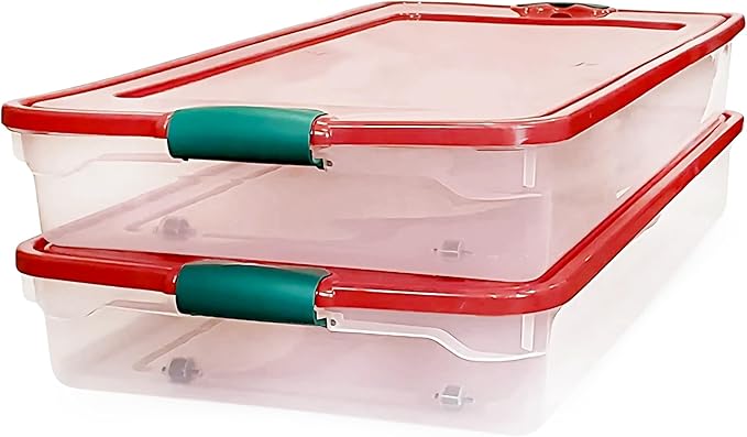 HOMZ 60-Quart Holiday Plastic Underbed Storage Bins with Red Latching Lids, Secure Clear Rolling Storage for Home Organization, 2 Pack, Green Latches