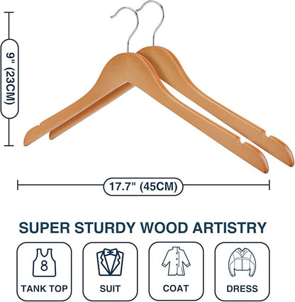 Wooden Hangers Pack of 20 - Sturdy, Heavy Duty Hangers for Shirts, Dresses, Coats & More (Natural)