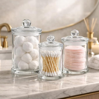 KMWARES 3PCs Set Small Mini Clear Glass Premium Quality Apothecary Jars/Bathroom Storage/Vanity Organizer Canisters for Cotton Balls/Swabs, Makeup Sponges, Bath Salts, Q-Tips (3Jar)
