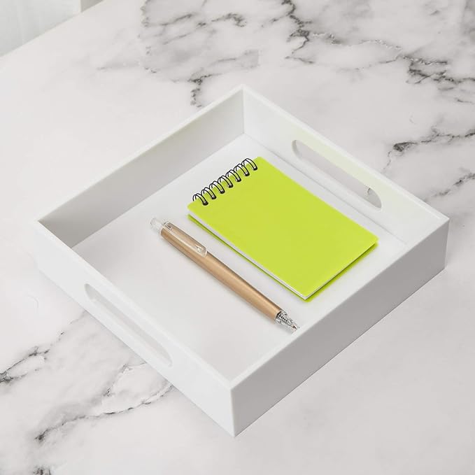 KEVLANG White Sturdy Acrylic Tray with Handles-8x8 Inch- Countertop Organizer Tray for Kitchen,Bathroom,Office- Storage Box for Cosmetics, Jewelry,Toiletries,Toy,Gadgets
