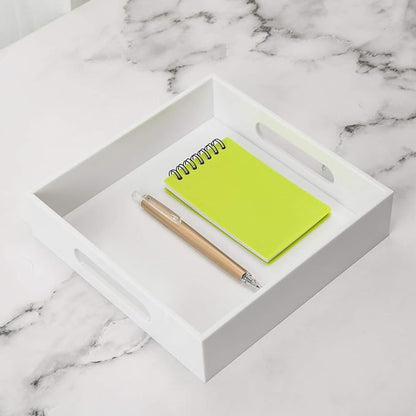 KEVLANG White Sturdy Acrylic Tray with Handles-8x8 Inch- Countertop Organizer Tray for Kitchen,Bathroom,Office- Storage Box for Cosmetics, Jewelry,Toiletries,Toy,Gadgets