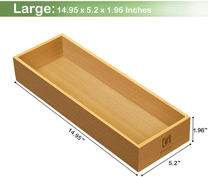 guiogc Set of 2 Bamboo Drawer Organizer, Stackable Utensil Organizer for Kitchen, Bamboo Storage Box Wood Silverware Tray for Drawer