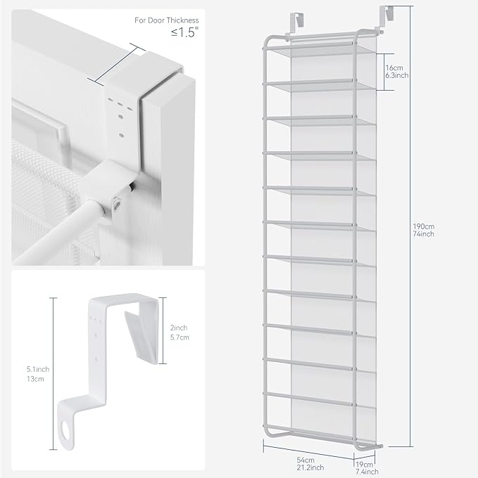 Whitmor 36 Pair Over the Door Shoe Organizer, 12 Tier Hanging Shoe Organizer, Heavy Duty Metal & Mesh Shoe Holder, Hanging Shoe Rack for Closet Organizer & Storage, 74"L x 21.7"W x 7.5"H, White