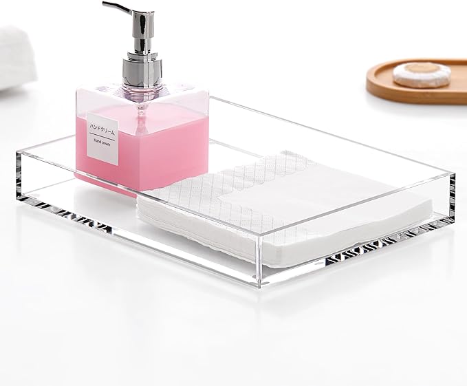 DINGHUO Acrylic Perfume Bathroom Vanity Counter Tray, Clear 9.45"x7.09"x1.38" Rectangle Countertop Organizer for Jewelry Candles Soap Makeup Toilet Tank Kitchen - 1 Pack