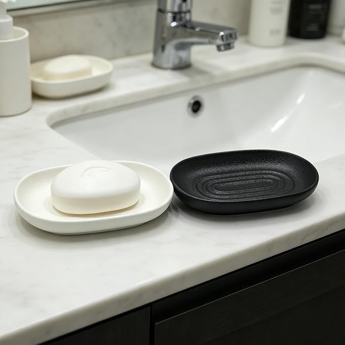 Ceramic Soap Dishes for Bar Soap- Matte White Textured Finish Bar Soap Holder for Bathroom Kitchen Sink & Shower - Easy to Clean Simple Oval Soap Dish Soap Tray for Soap Bars, Sponges, Jewelry