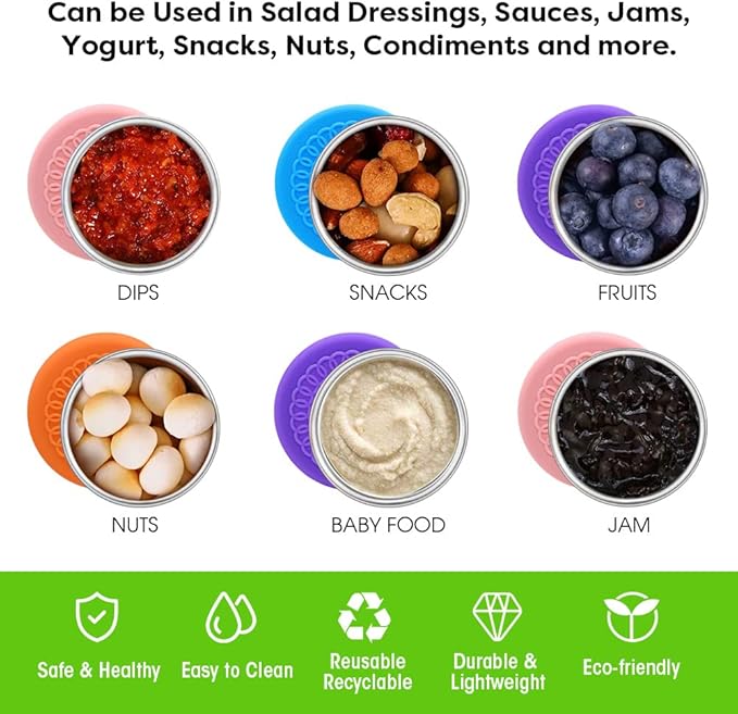 6Pack 2.4oz Salad Dressing Container To Go, Small Stainless Steel Condiment Containers with Silicone Lids, Leakproof Reusable Dipping Sauce Cups for Lunch Box