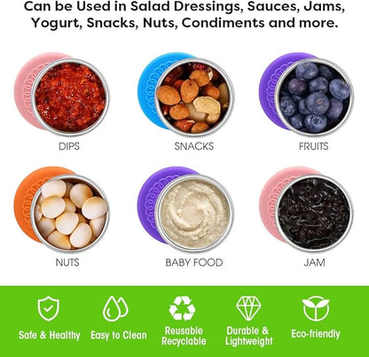 6Pack 2.4oz Salad Dressing Container To Go, Small Stainless Steel Condiment Containers with Silicone Lids, Leakproof Reusable Dipping Sauce Cups for Lunch Box