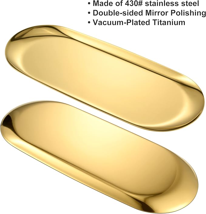 Gold Oval Vanity Tray, Stainless Steel Jewelry Tray, Bathroom Tray, Makeup Cosmetic Trays,Towel Napkin Tray, Storage Organizer,11.8 x 4.8 inches (LxW), Large