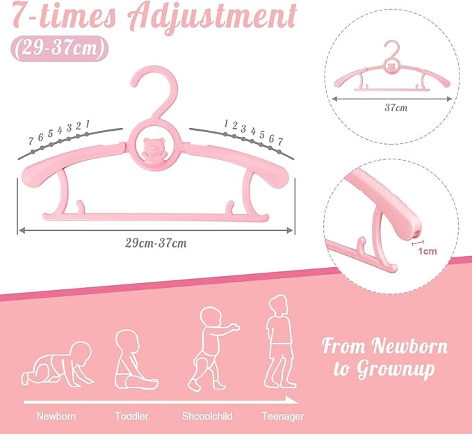 HGYZE Kids Hangers 11"-14" Adjustable Plastic Baby Girl Hangers 20 Pack, Toddler Bear Hanger for Children's Clothes Sweaters, Infant Hangar for Closet with Non-Slip Shoulder Grooves & Pants Bar, Pink