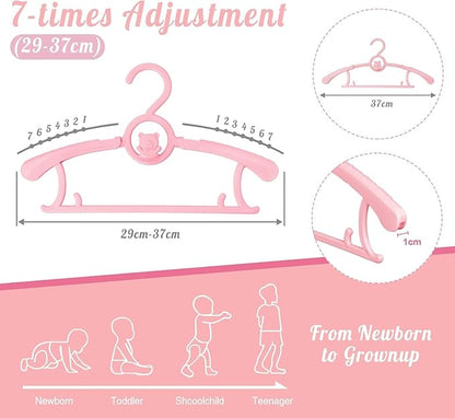 HGYZE Kids Hangers 11"-14" Adjustable Plastic Baby Girl Hangers 20 Pack, Toddler Bear Hanger for Children's Clothes Sweaters, Infant Hangar for Closet with Non-Slip Shoulder Grooves & Pants Bar, Pink