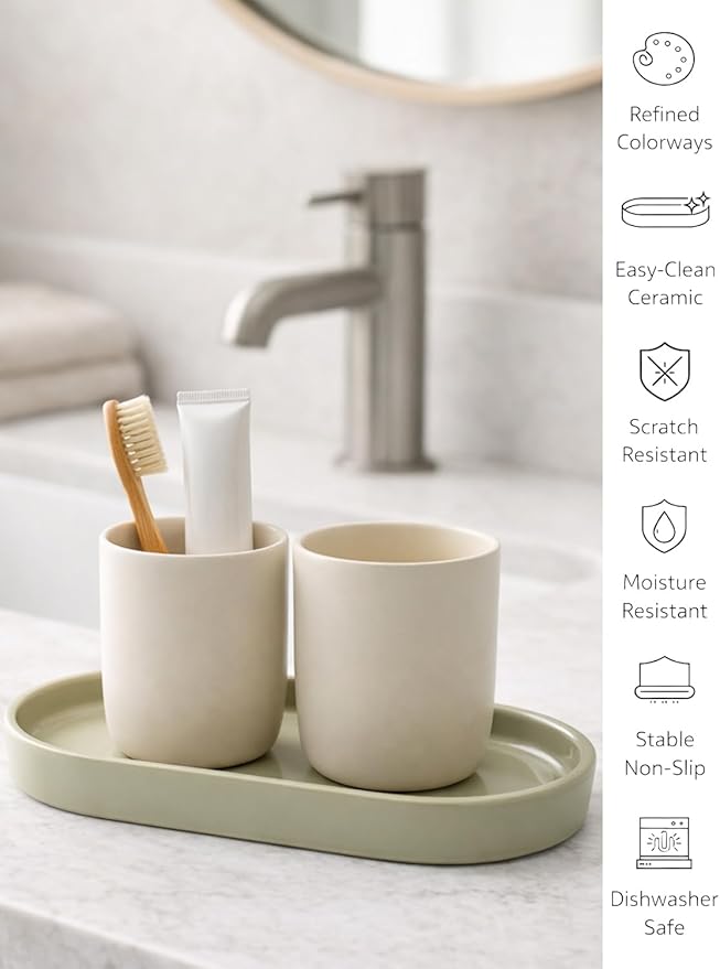 Matte Green Ceramic Bathroom Tray for Countertop, Minimalist Vanity Organizer Dish for Perfume, Jewelry & Soap, Oval Decorative Tray for Bathroom Sink, Dresser, Coffee Bar or Kitchen Counter