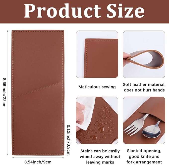 2PCS PU Leather Knife and Fork Sleeves Utensils Holder Pouch Bags Vintage Cutlery Sleeves Brown Leather Rustic Flatware Tableware Storage Place Set Organizer for Home Kitchen Table