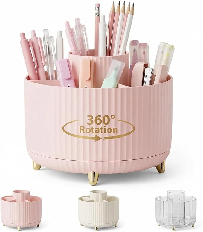 360 Degree Rotating Desktop Organizer,Makeup Brushes,Pencils,Desktop Stationery Storage Rotating Rack,Premium Plastic Organizer For Office,School And Home (Pink)