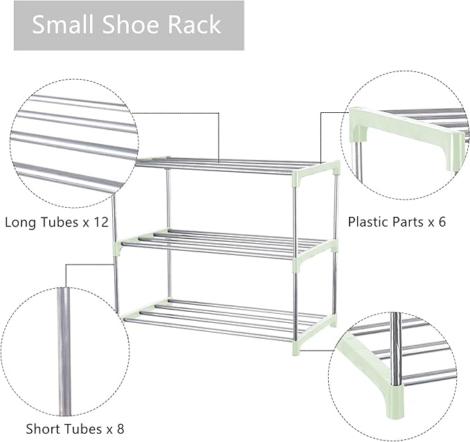 Small Shoe Rack, Narrow Stackable Shoe Shelf Organizer for Entryway, Doorway and Bedroom Closet (3-Tier, Green)