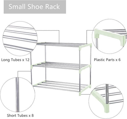 Small Shoe Rack, Narrow Stackable Shoe Shelf Organizer for Entryway, Doorway and Bedroom Closet (3-Tier, Green)