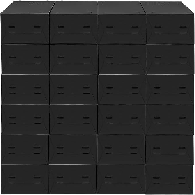 24 Pack Shoe Storage Boxes, Clear Stackable Shoe Organizer for Closet with Flip Lid, Foldable Plastic Shoe Boxes Sneaker Containers for Entryway, Closet, Under Bed (Black, Heart Hole)