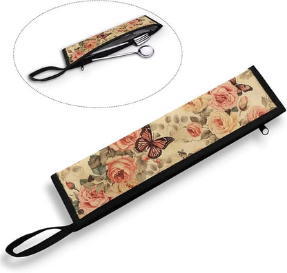 COEQINE Retro Butterfly Travel Silverware Holder Case Portable Cutlery Pouch Chopsticks Pouch With Handles Zipper Floral Retro Style