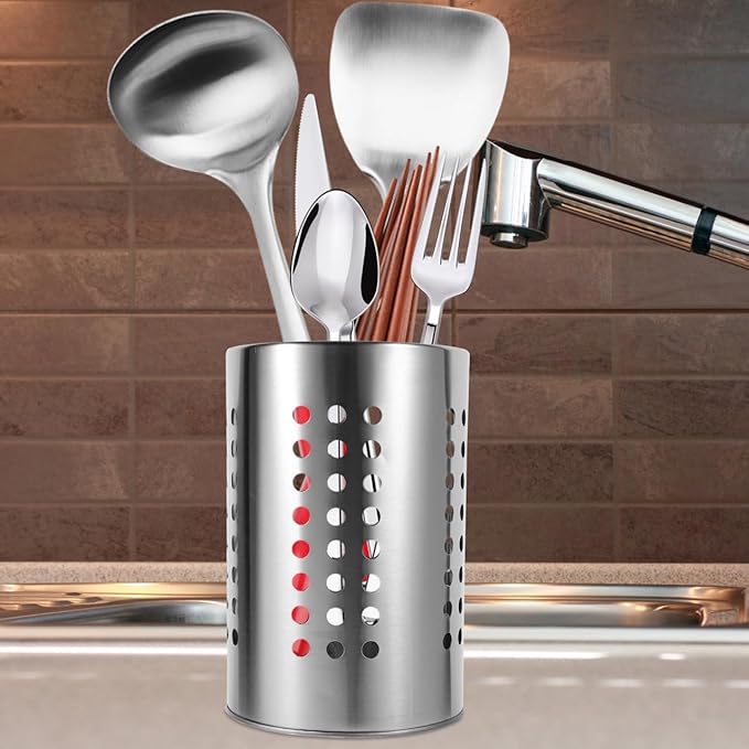 ULTECHNOVO Kitchen Utensil Holder with Drain Holes Stainless Steel Cutlery Organizer for Chopsticks Spoons Forks - 7X4.7 Inch Flatware Drying Rack for Countertop Storage