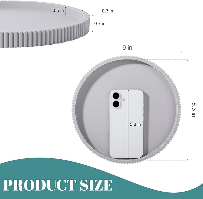 Silicone Bathroom Tray Round Kitchen Counter Organizer Decorative Vanity Accessories Coffee Table Decor for Perfume, Candle, Soap Dish, 9 Inch, Light Grey