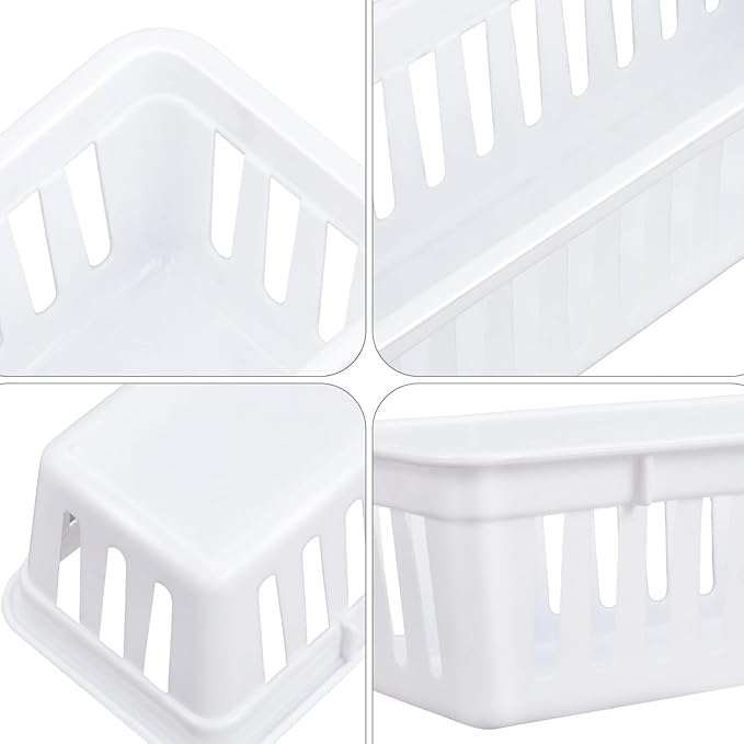 Domensi 24 Pack Slim Plastic Storage Baskets Tray for Organizing 10.25x3.25x2.5 Inch Small Narrow Storage Bins Stackable Drawer Pencil Trays Holder for Desk Garage Cabinet Container (White)