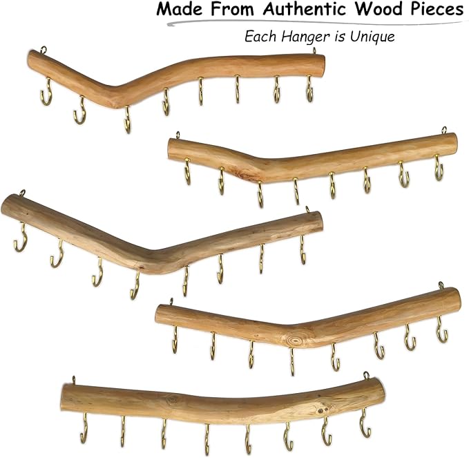 15.7-Inch Rustic Wood Wall Hanging Jewelry Organizer Handmade Natural Wood Logs Branch Decor (Branch with 8 Metal Hooks)