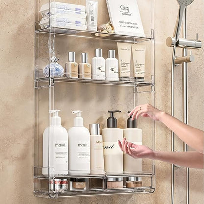 BOHOIDEE 3 Tiers Wall Acrylic Display Shelves with 2 Division Boards, Large Capactiy Acrylic Bathroom Organizer, Wall-Mounted Dustproof Makeup Organizer Storage for Bathroom, Kitchen, Room Decor