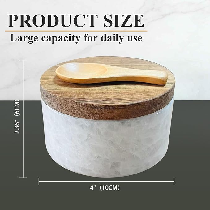 White Marble Salt cellar. Spice jars with Acacia Wood Lid and Spoon, Elegant Modern Handcrafted Container for Countertop