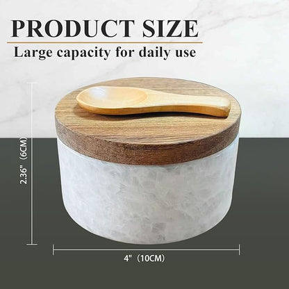 White Marble Salt cellar. Spice jars with Acacia Wood Lid and Spoon, Elegant Modern Handcrafted Container for Countertop