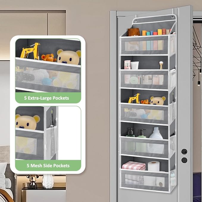 Over The Door Storage Organizer with 5 Extra Large Pockets & Side Mesh Pouches, Hanging Closet Door Organizer for Bedroom, Pantry, Nursery, Anti-Tilt Design, Fits 1.6" Doors-Dark Gray