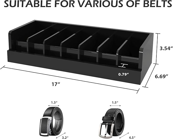 Belt Storage Organizer Box - 7 Grids Bamboo Belt Organizer for Closet | Wooden Belt Tie Hanger Racks for Men Women Drawer | Belt Display Holder Wall Mount with 2 Pcs Tie Clip (Black)