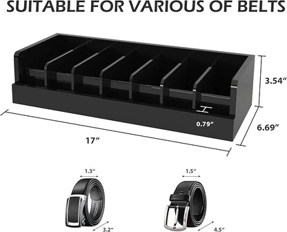 Belt Storage Organizer Box - 7 Grids Bamboo Belt Organizer for Closet | Wooden Belt Tie Hanger Racks for Men Women Drawer | Belt Display Holder Wall Mount with 2 Pcs Tie Clip (Black)