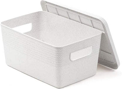 BINO | Plastic Storage Bins with Lids, 5 Liter - 3 Pack, White | THE BRAIDED COLLECTION | Plastic Bins for Organization Woven Storage Baskets for Organizing Pantry Shelf Organizer Basket Container Bin
