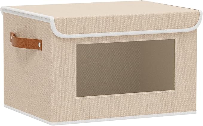 Storage Basket with Lid, Decorative Linen Storage Box, 10.2 x 7.8 x 6.7 Inch Closet Organizer for Shelves with Handles, Beige, 1-Pack