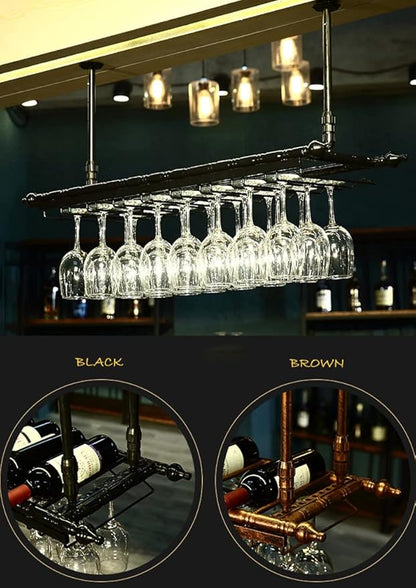 2-in-1 Industrial Wine Rack, 47.3" Adjustable Metal Pipe Wine Bottle Storage Rack with Glass Holders & Shelf, Space-Saving Vertical Installation for Kitchen Bar, Black