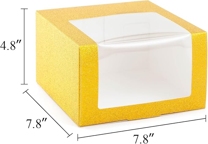 LADYBRO 10 Pack 7.8" x 7.8" x 4.8" Black Gift Boxes with Window Display for Hat Storage Containter for Baseball Caps (Fitted, Snapbacks, Trucker) (Glitter Gold, 7.8" x 7.8" x 4.8")