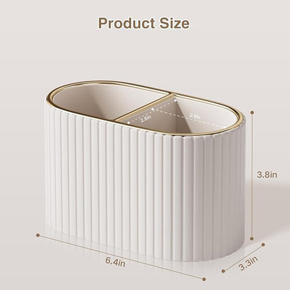 KINGFOM Makeup Brush Holder Organizer with Divider, PU Leather Vanity Brush Holder for Bathroom Countertop & Dressing Table, Cosmetic Desktop Storage Caddy for Makeup Tools Oval (Light Beige)