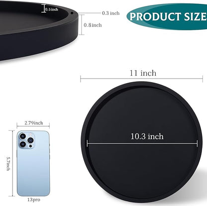 Silicone Bathroom Tray Round Vanity Tray Decorative Soap Holder Kitchen Countertop Organizer Coffee Table Decor for Candle, Perfume, Plant, 11 Inch, Black