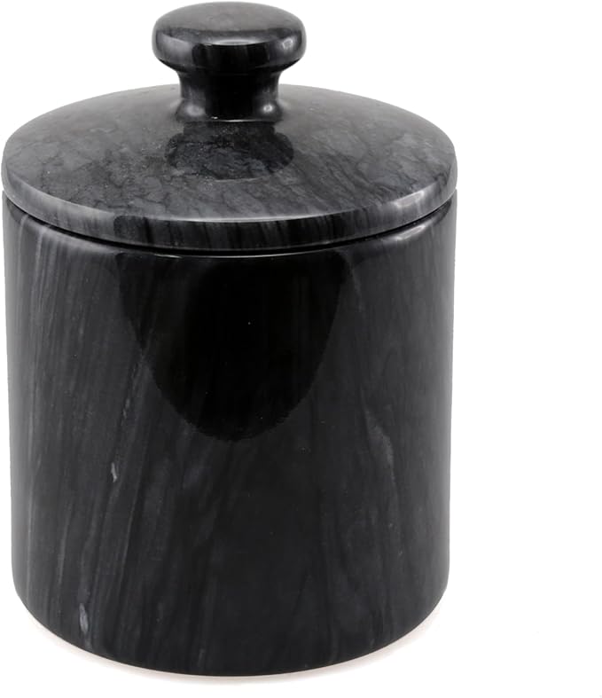 Creative Home Hand Carved Natural Black Marble Storage Jar Heavy Duty Taiwan Yushan Stone for Cotton Balls Jewelry Bathroom Essentials Chemical-Free and Eco-Friendly, 3.8 Diam. x 5.2 H Inch