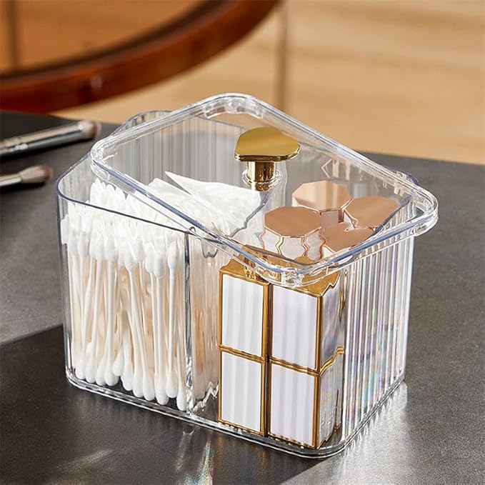 Qtips Holder Dispenser 3 Compartments Cotton Ball Holder Cotton Swabs Organizer Acrylic Bathroom Container with Lid for Swab Pads Cosmetics(Clear)