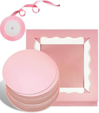 qiqee Pink 10x10x8 Cake Box, 4 Sets Cake Box with Window ＆ 4 Sets 10" Cake Round Boards, 10inch Cake Containers, 10 Meters Pink Silk Ribbon Includes