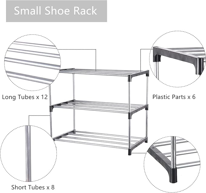 Small Shoe Rack, Narrow Stackable Shoe Shelf Organizer for Entryway, Doorway and Bedroom Closet (3-Tier, Black)